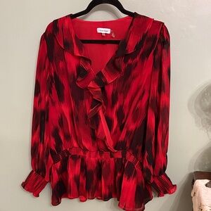 Calvin Klein Red and Black Ruffle Blouse